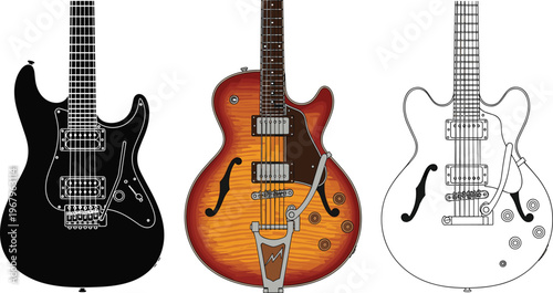 Professional electric guitar vector illustration set featuring line art silhouette and colorful hollow body styles for music and rock performance,
