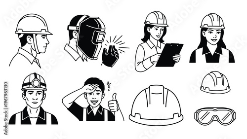 Set of line icons depicting various workers in hard hats and safety gear, including welders and construction workers.