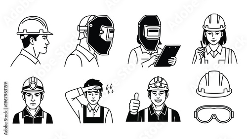 Set of line icons depicting various workers in hard hats and safety gear, including welders and construction workers.