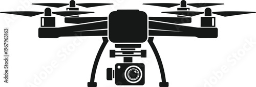 Professional black silhouette vector illustration of a modern quadcopter drone with 4k camera for aerial photography, videography, and remote surveillance.