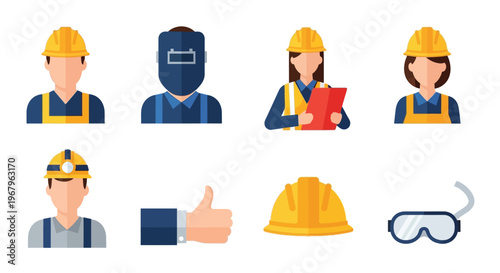 Set of industrial workers with safety equipment and tools for construction and manufacturing occupations.