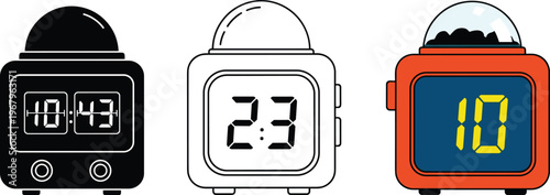 Digital alarm clock set with countdown timer and projection dome in line art silhouette and colorful flat vector style illustrations