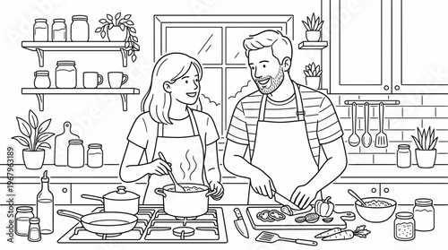 Happy couple enjoying cooking together in a cozy kitchen, preparing a wholesome meal with fresh ingredients and smiles
