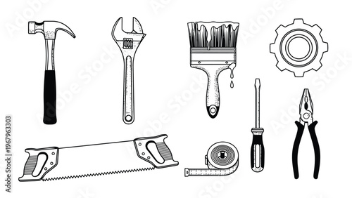 Collection of essential hand tools and mechanical components for trades work and maintenance tasks.