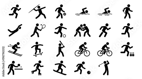 Sports Silhouettes Vector Stick Figures Athletic Activities Running Swimming Cycling Tennis Soccer Baseball Archery Weightlifting Skateboarding Skiing Snowboarding Bowling Clipart Icons Graphic