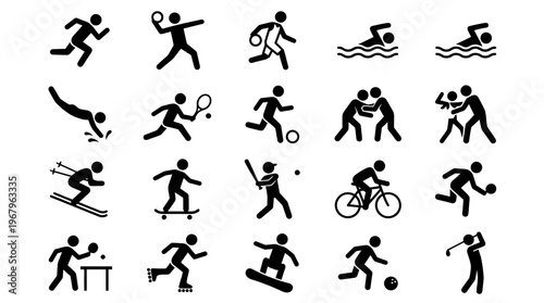 Sports Silhouettes Vector Stick Figures Athletic Activities Running Swimming Cycling Tennis Soccer Baseball Archery Weightlifting Skateboarding Skiing Snowboarding Bowling Clipart Icons Graphic