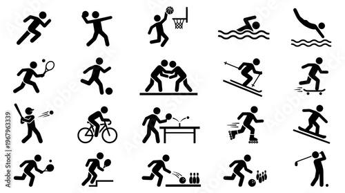 Sports Silhouettes Vector Stick Figures Athletic Activities Running Swimming Cycling Tennis Soccer Baseball Archery Weightlifting Skateboarding Skiing Snowboarding Bowling Clipart Icons Graphic