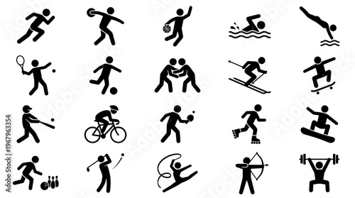 Sports Silhouettes Vector Stick Figures Athletic Activities Running Swimming Cycling Tennis Soccer Baseball Archery Weightlifting Skateboarding Skiing Snowboarding Bowling Clipart Icons Graphic