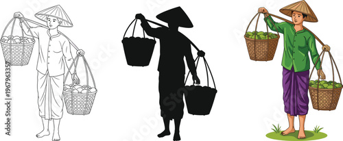 Set of vector illustrations featuring a traditional Southeast Asian street food vendor carrying heavy fruit baskets on a wooden shoulder pole.