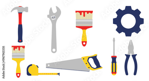 Assortment of colorful construction tools and equipment for building and repair work.