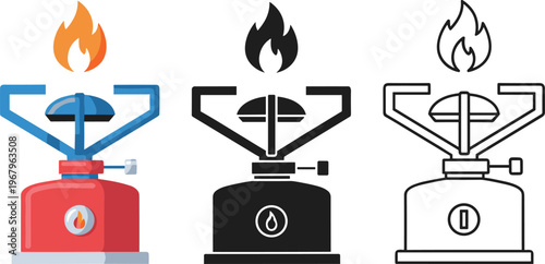 Professional portable camping gas stove vector illustration set featuring line art silhouette and colorful styles for outdoor cooking and adventure,
