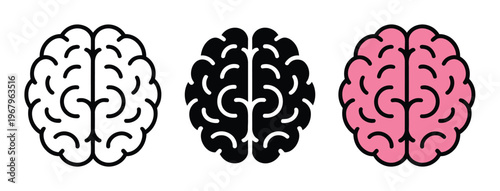 Three stylized brains in black and white and pink