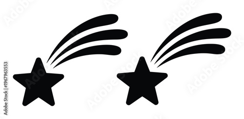 Two black shooting stars with trails on a white background