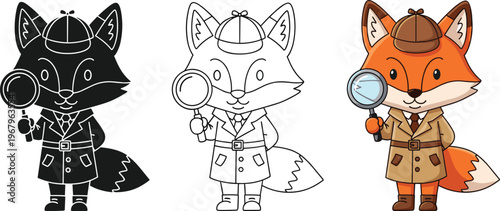 Set of Cute Detective Fox Vector Illustrations Featuring Magnifying Glass and Trench Coat in Silhouette Outline and Colorful Cartoon Styles