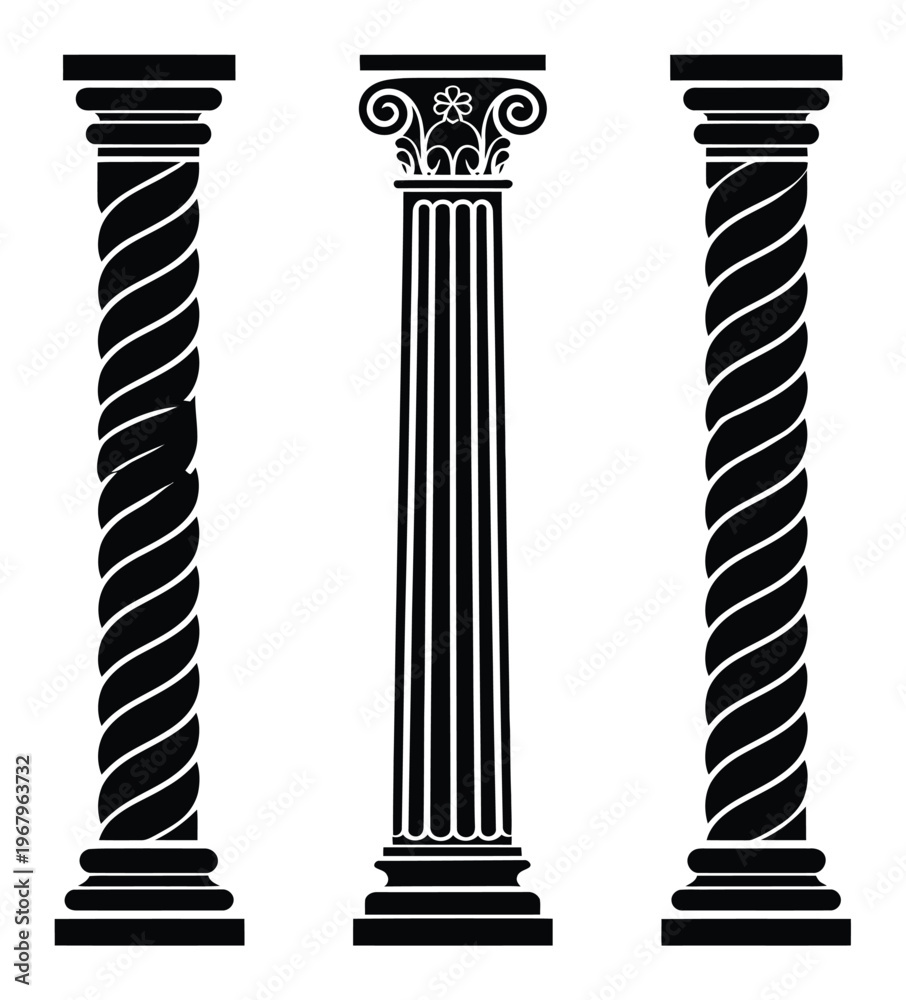 Fototapeta premium Three Stylized Classical Columns: Twisted and Fluted