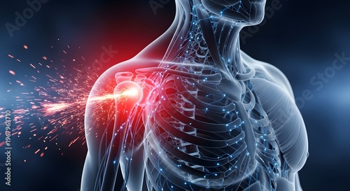 Neural pathways and shoulder nerve pain illustration. Neurology and chronic pain management. Glowing spark effect on a transparent human body showing skeletal and nervous system details