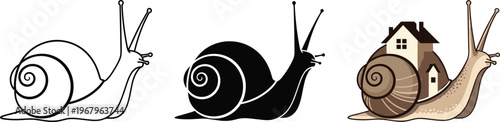 Conceptual snail house vector illustration set featuring a small home on snail shell with line art silhouette and colorful styles,