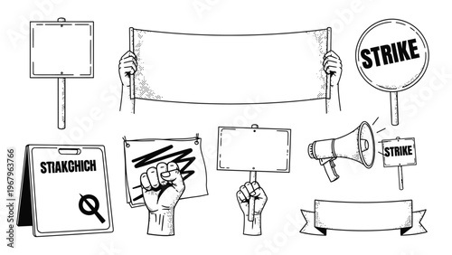 Collection of protest signs, banners, and symbols for strike and demonstration.