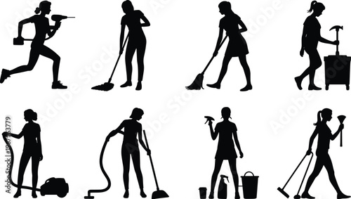 Cleaning service workers silhouettes set janitors housekeeping staff vacuuming mopping tools isolated vector illustration professional cleaning team collection