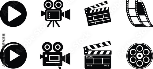 Collection of Flat Style Cinema Icons Including Movie Camera Film Reel Clapperboard and Play Buttons for Video Production Vector Illustration