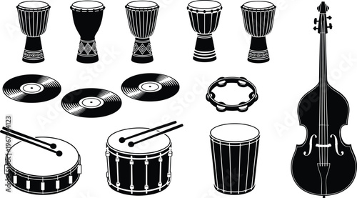 Collection of Musical Instrument Icons Featuring African Djembe Drums Vinyl Records Double Bass Tambourine and Snare Drum With Sticks Vector Illustration