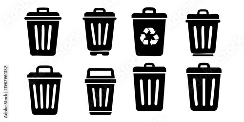 Several trash cans and one recycling bin are shown together outside