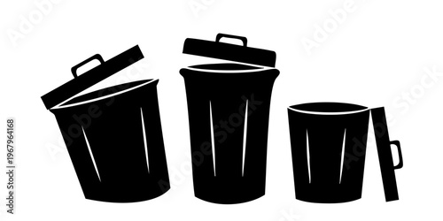 Three black trash cans and one lid on a clean background