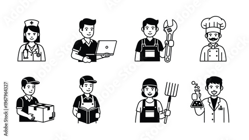 Professional worker avatars and career icons set in bold black and white graphic style.