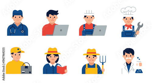 Set of diverse professionals in flat design style, representing different occupations and careers with simplified illustrations.