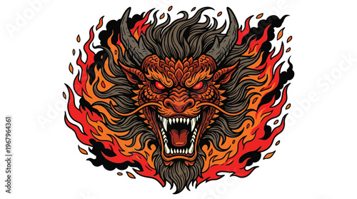 Fierce Dragon Head Mascot Illustration with Fire and Flames for Esport Team Branding and Apparel Design