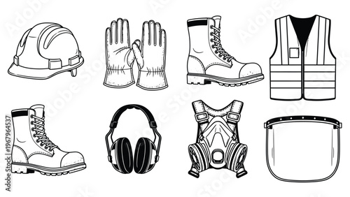 Collection of safety equipment in outline illustration for construction and industrial workers.