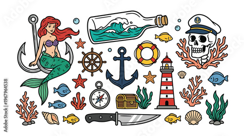 Nautical Vector Illustration Set with Mermaid Anchor Lighthouse and Sea Marine Elements for Summer Beach Design