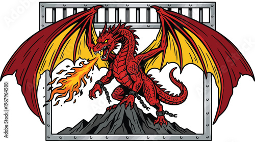 Powerful Red Dragon Breathing Fire and Breaking Chains Vector Illustration for Gaming Logo or Fantasy Branding Mascot