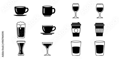 A collection of various beverages including coffee cups and wine glasses on a table.