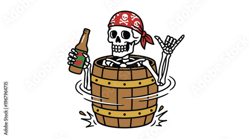 Cartoon skeleton pirate in a wooden barrel holding a beer bottle making a shaka sign for party and adventure themes