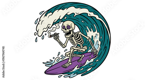 Vintage Style Surfing Skeleton Character Riding Ocean Wave Smoking Cigar Graphic for Streetwear and Poster Design