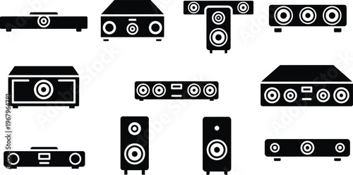 Audio speaker and sound system icons with speaker set with audio equipment with sound engineering