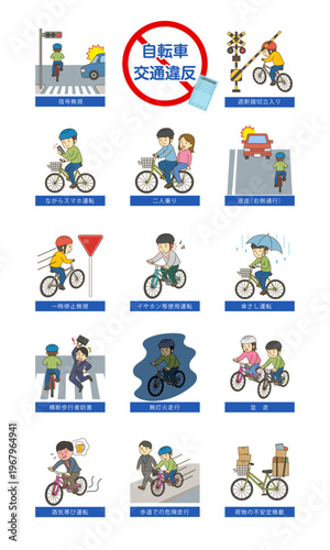 自転車交通違反イラスト縦長セット 青切符対応 交通ルール解説素材	
