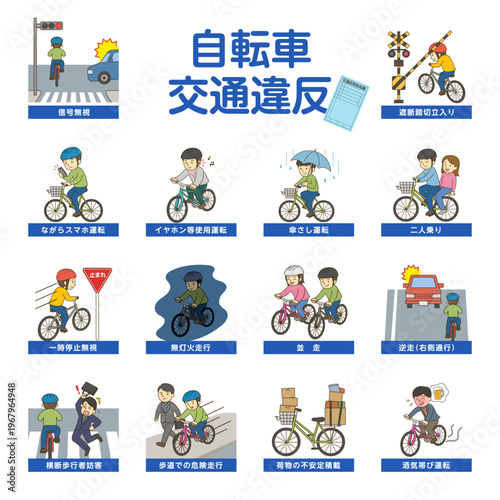 自転車交通違反正方形イラストセット 青切符対応 交通ルール解説素材