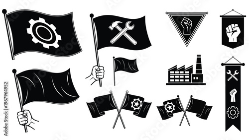 Industrial revolution and labor movement icon set with revolutionary flags and banners.