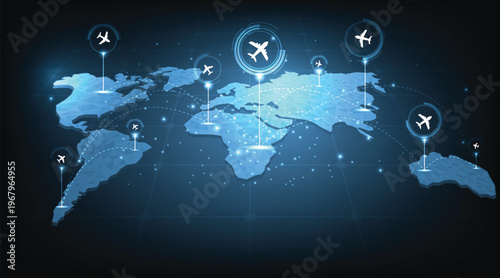  Airplane flies glowing 3D world map with interconnected travel routes. Represents global air travel, aviation logistics, and international connectivity in a digital tech style.