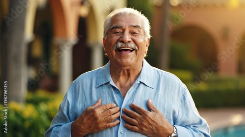 Smiling senior man enjoying outdoor sunshine and happiness