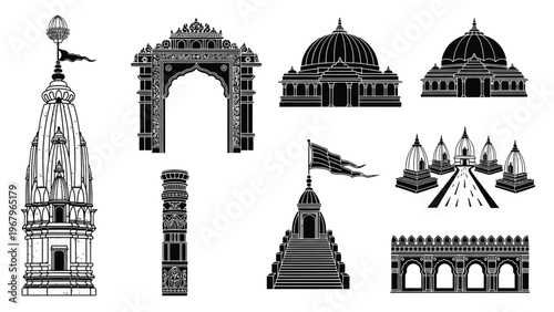 Ancient indian temple architecture silhouette icons featuring traditional domes and pillars.