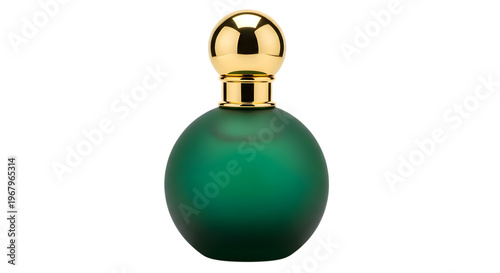 Green Glass Perfume Bottle with Gold Cap Isolated on White Background