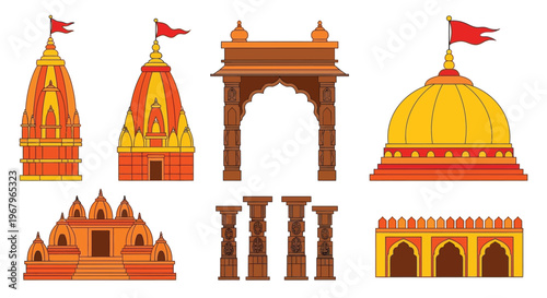 Traditional indian mandir architecture set with decorative arches and colorful domes.