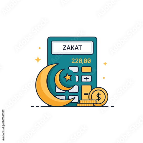 Illustration of a Zakat calculator with a crescent moon, star, and coins, representing Islamic charity and financial giving.