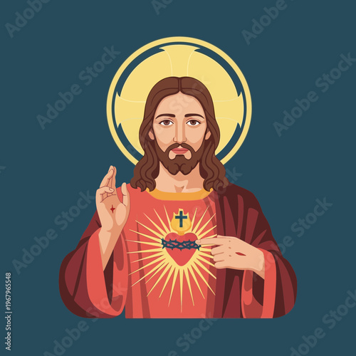 Jesus Christ with Sacred Heart and halo, blessing gesture, religious illustration of divine figure.