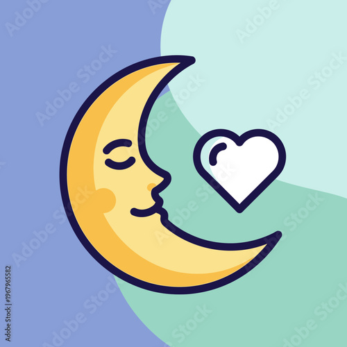 Cartoon illustration of a sleeping crescent moon with a peaceful face next to a white heart icon on a split color background.