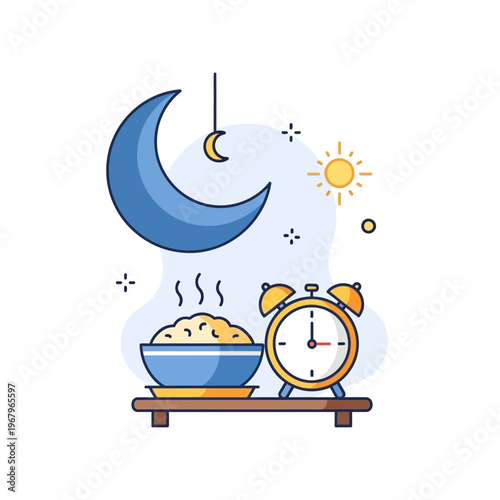 Illustration depicting a bowl of steaming food, an alarm clock, and symbols for day and night, representing meal times or fasting.