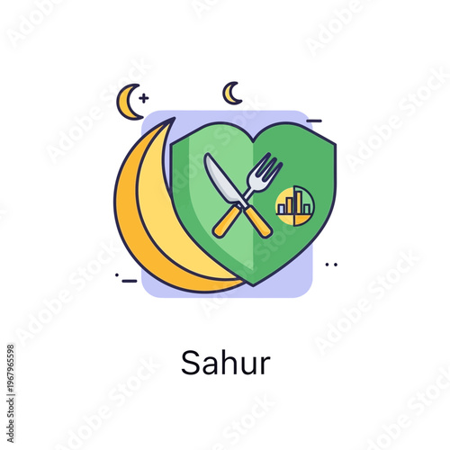 A flat design illustration of Sahur, the pre-dawn meal during Ramadan, featuring a crescent moon, banana, and a heart-shaped shield with cutlery, symbolizing nourishment.